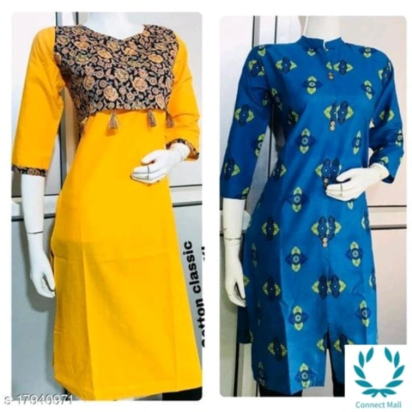 Charvi Ensemble Kurtis - L, Yellow, Blue, Cotton, Combo of 2